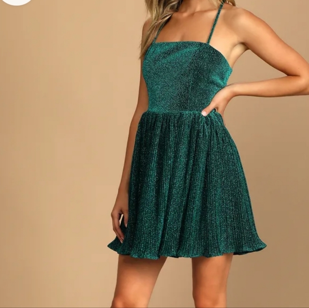 Lulu's Party Era Teal Blue Sparkly Lace-Up Pleated Skater Dress
